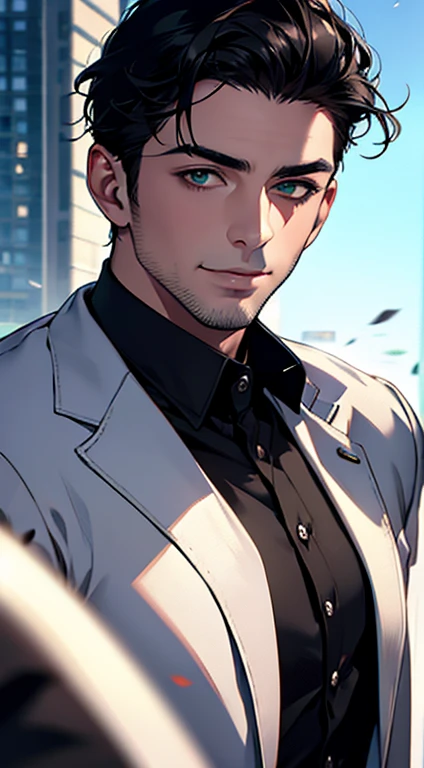 (best quality,4k,8k,highres,masterpiece:1.2),ultra-detailed,(realistic,photorealistic,photo-realistic:1.37),1 man,31 years old,mature man,very handsome,without expression,smile,short grey black hair,green eyes,penetrating gaze,perfect face without errors,imposing posture,businessman,office background,cinematic lighting,hdr image