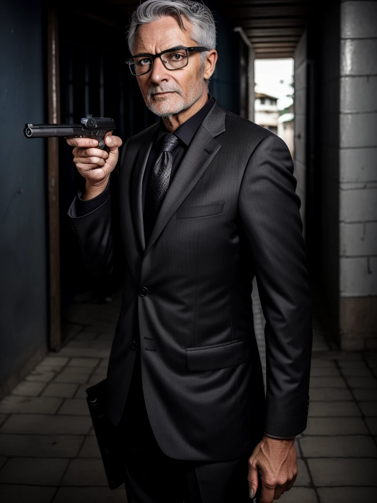 photo of slim woman with grey hair and glasses wearing a black suit, holding gun in hand ,with the other hand is in his trouser pocket, pointing the barrel to camera, with the background of a favela in Rio de Janeiro