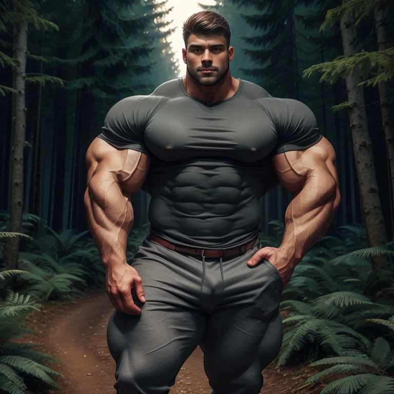 a very handsome young man, gray shirt, massively large bulge, extremely handsome, very muscular, with very large muscles, defined and muscular body, hands in pockets, in a forest at night