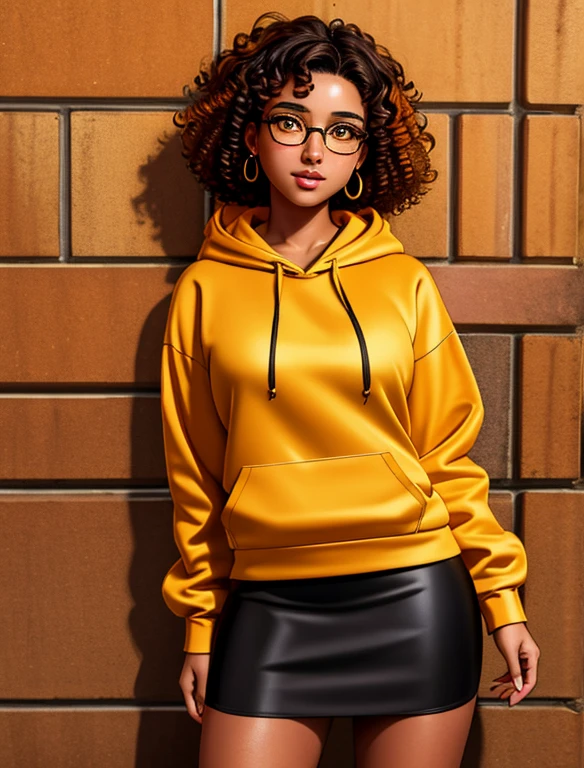 Masterpiece, 1girl, solo, 20 year old college student, she has tan-bronze skin with some freckles, short curly black hair with orange highlights, amber colored eyes, (she's wearing a yellow hoodie, black pencil skirt, glasses)