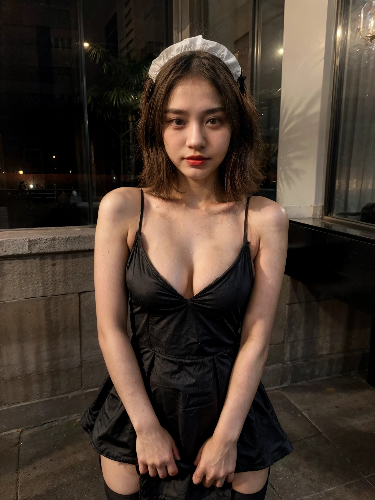 Naked cute girl indonesia, white skin, 17yo, nabilla jkt 48, young, short bob hair, red lips, standing showing vagina, , realistic vagina, ((wearing sexy black maid dress)),