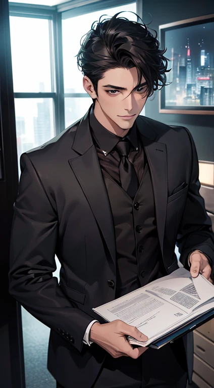 (Highest quality,4K,8K,High resolution,masterpiece:1.2),Super detailed,(Realistic,photoRealistic,photo-Realistic:1.37),1 person,34 years old,Mature Men,Beautiful skin、very handsome,Expressionless smile in love,Short gray Black hair,green eyes,Sharp Eyes,A perfect face without a doubt,Businessman, CEO, Office Background,Cinema Lighting,HDR image,tie、