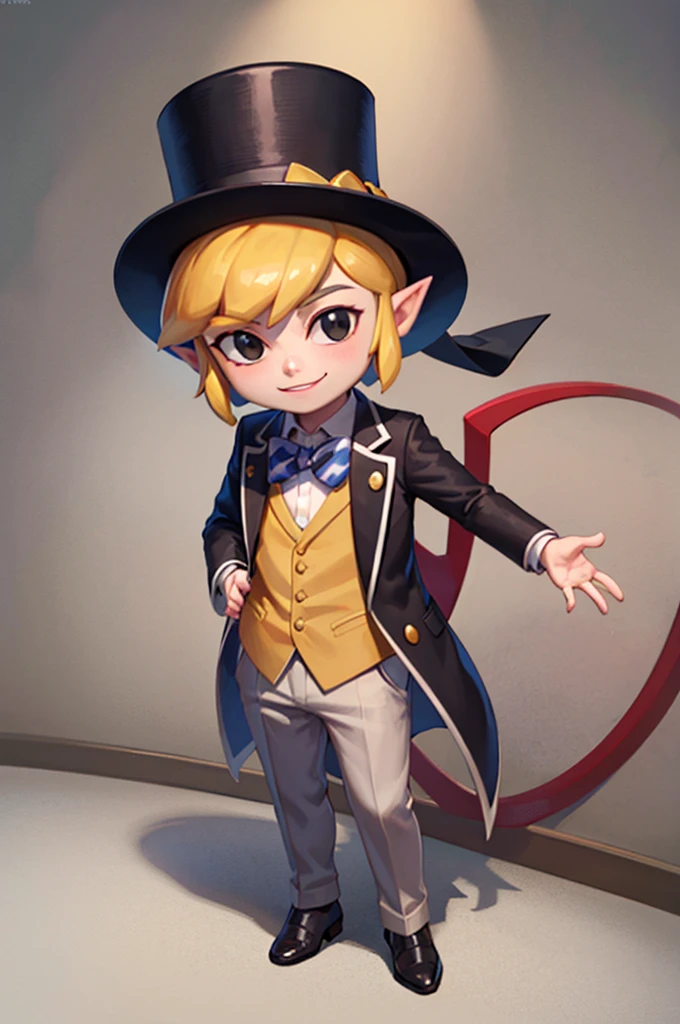 ((masterpiece,best quality)), Toon_Link_Zelda, black eyes, solo, 1boy, top hat, bowtie, formal clothes, solo, smiling, standing, looking at viewer,