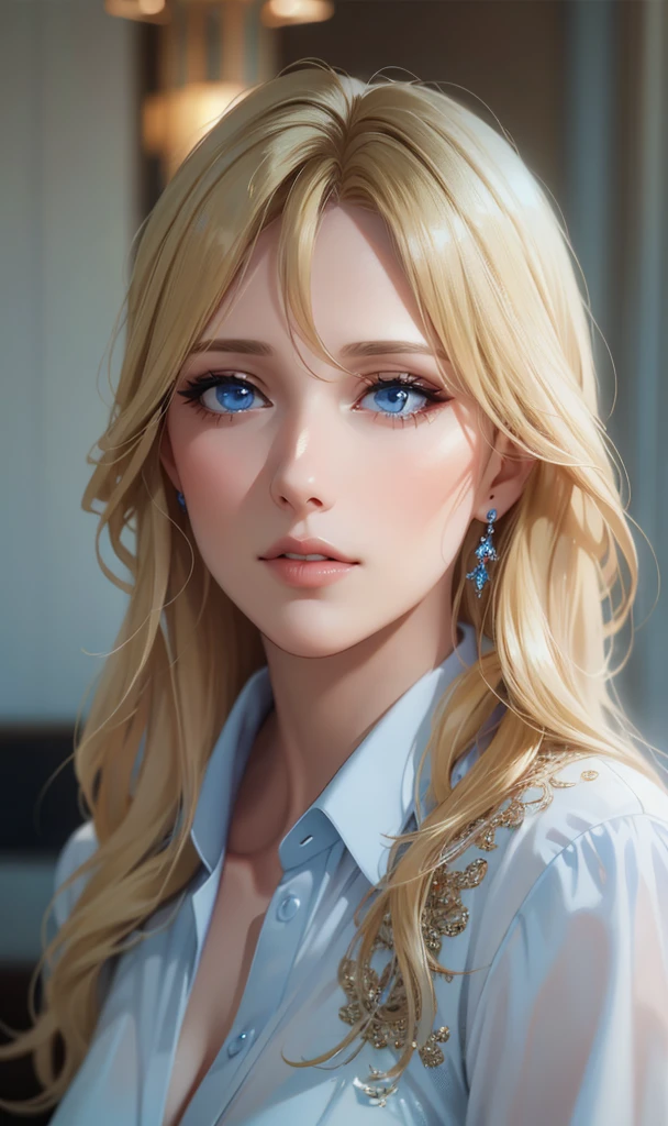 Elegant mature woman, blue eyes, blonde hair, soft light, 4k resolution, high quality, beautiful cg