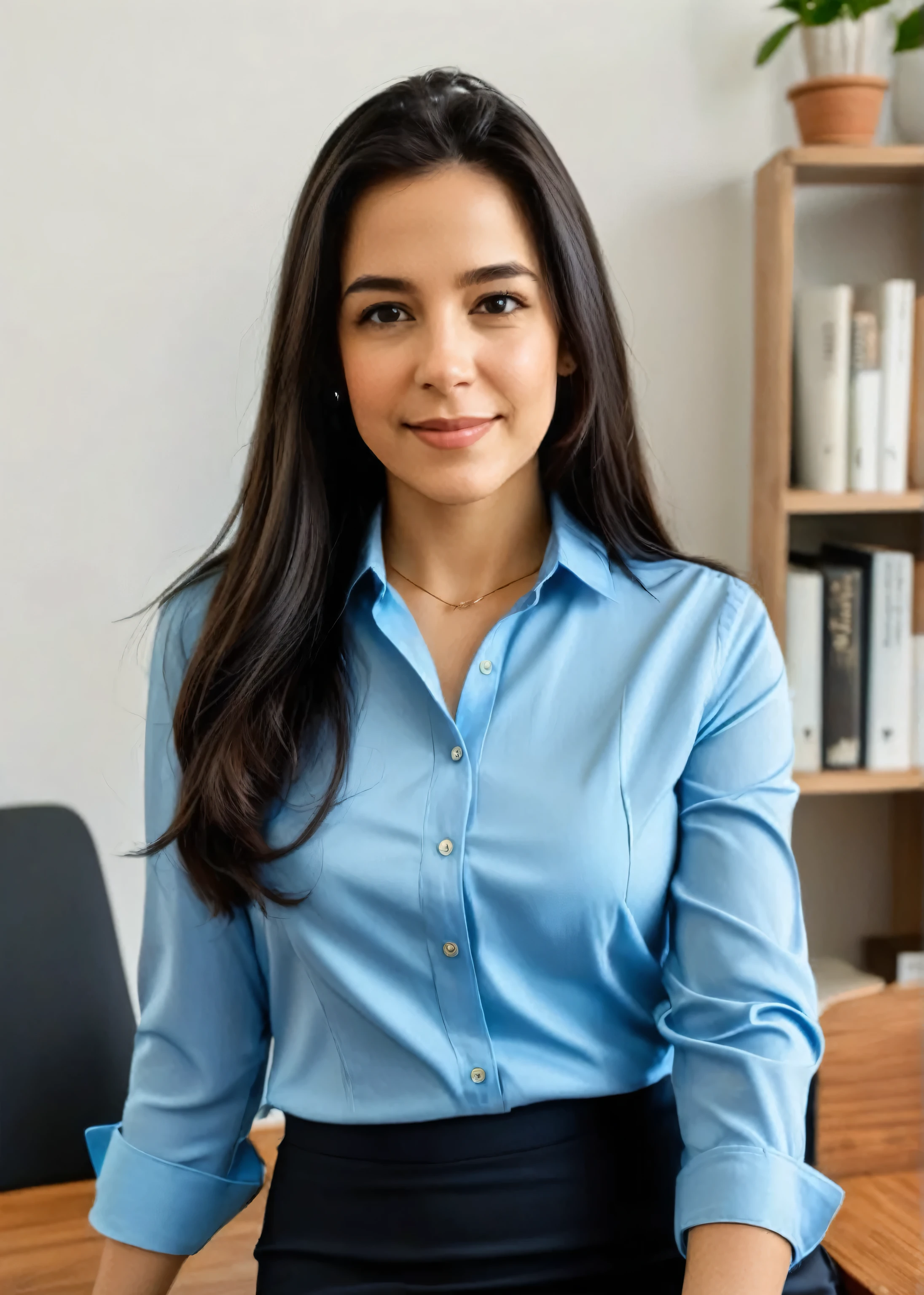 A woman with dark brown hair, smooth and long, Grinning, wearing a light blue button down shirt and a black skirt. The scenery in the background includes a wooden shelf with books and a plant. The avatar must capture the woman'professional and friendly appearance, highlighting your confident posture and serene facial expressions.