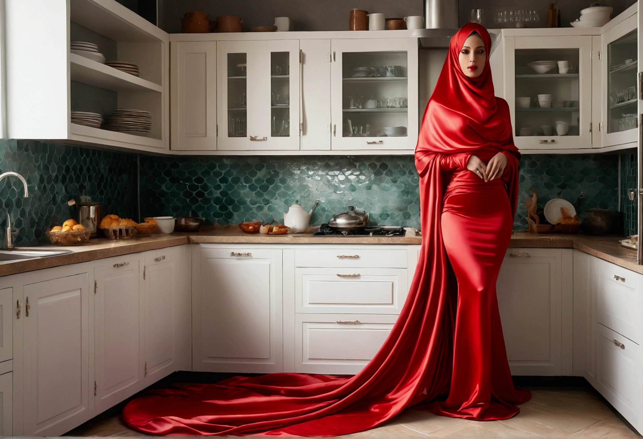 An alluring woman shrouded in a 4-meter-long, plush red satin cloth, tightly bound and grandly draping along the form of her body, flowing off into a pooled floor-length train, styled in a mermaid-inspired outfit, her head modestly veiled in a satin hijab, in a kitchen, a full-body pose conveying a sense of mysterious elegance, captured in a 4k resolution, ultra-realistic