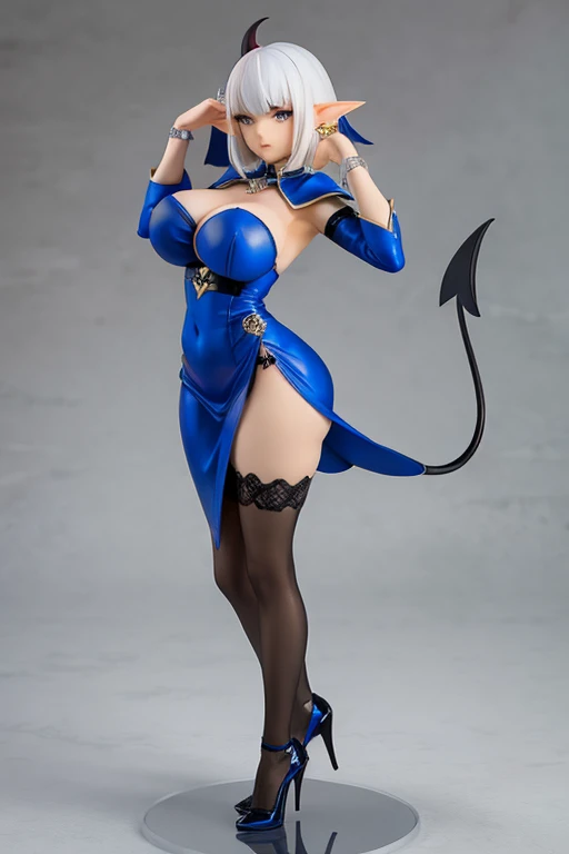 figure of demon, sexy pose, big breasts, adjust dress, short white hair, elf earns
