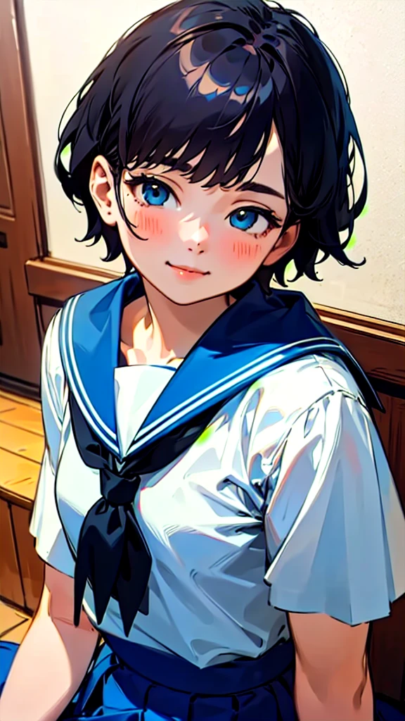 1 Girl、solo、gentle and calm expression、Women's Sailor Uniform、Blue Skirt、Sitting、Upper body close-up、smile、indoor, (Highest quality, masterpiece, Hyperrealism)、Boyish short hair, Black Hair