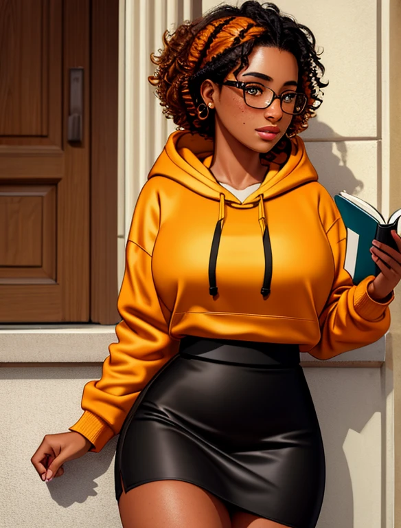 (masterpiece,best quality,absurdres,beautiful,aesthetic,detailed), (Detailed face:1.2), (Detailed eyes:1.2), 1girl, solo, 20 year old college student, she has tan-bronze skin with some freckles, short curly black hair with orange highlights, amber colored eyes, (she's wearing a yellow hoodie, black pencil skirt, reading glasses)
