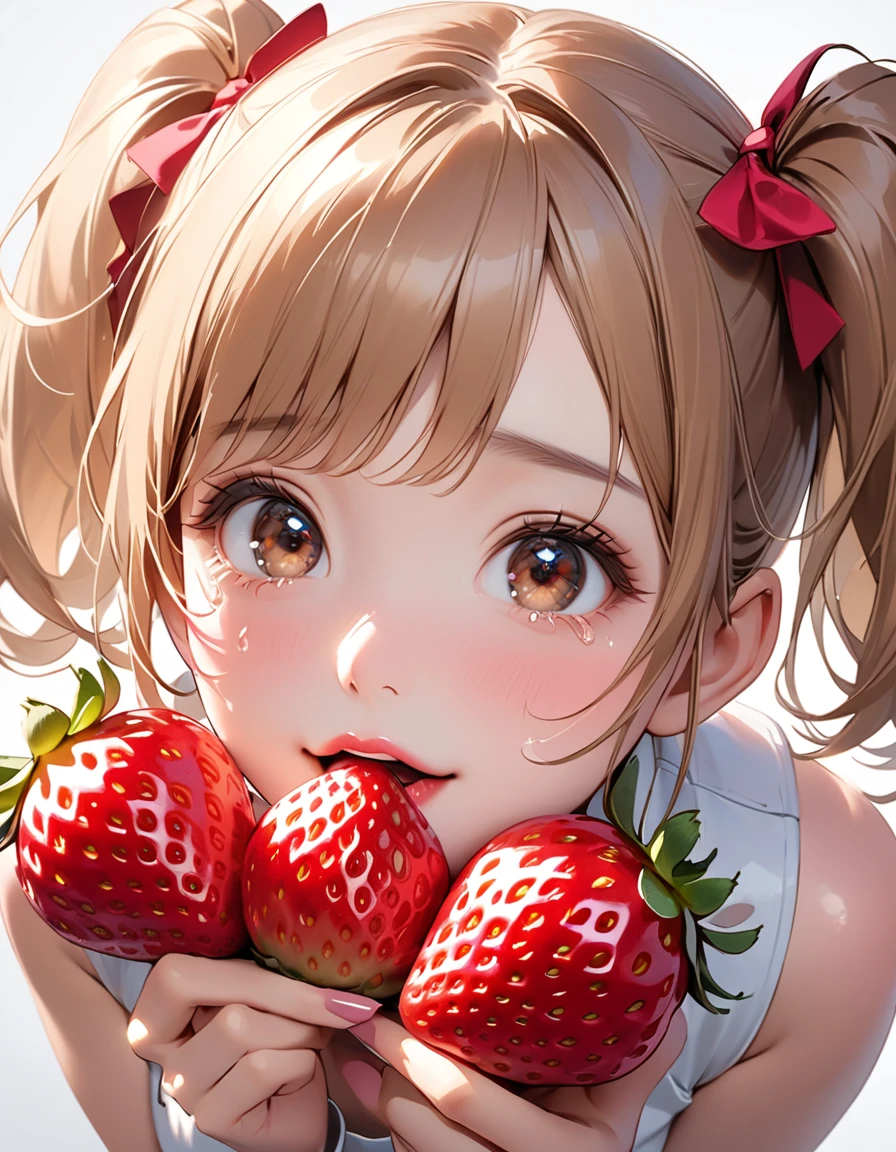Highest quality, masterpiece, Ultra-high resolution, Realistic:1.2, RAW Photos, Intricate details, Portraiture,　Big beautiful brown eyes:1.2, Perfect contours, Perfect proportions:1.2, One Girl, break　((Close-up of the mouth:1.2, from above:1.2, (front shot:1.2), (looking up:1.2))), ((petite, short, tiny girl:1.2)), Light Brown Hair、((twintails:1.2)), (makeup:1.2, full lips:1.3, pink lips:1.3, shiny lips:1.3), (Trying to eat a strawberry:1.2、kiss a strawberry), (Hold a strawberry in front of your mouth:1.2), (High-end sleeveless shirt:1.2, Tight Skirt:1.2), break　(Crying face、Holding back tears:1.2)、((small smile:1.2))、 (Background: Company、A few colleagues)