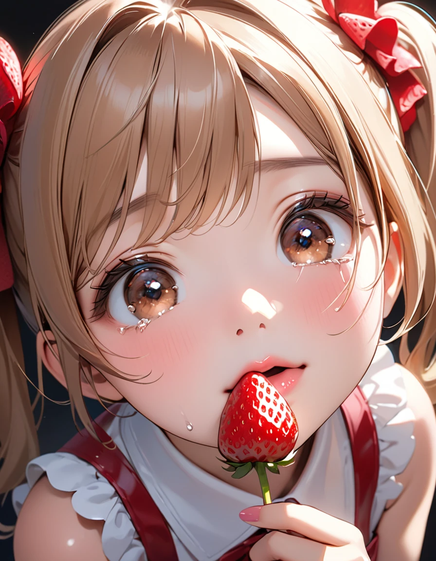 Highest quality, masterpiece, Ultra-high resolution, Realistic:1.2, RAW Photos, Intricate details, Portraiture, Big beautiful brown eyes:1.2, Perfect contours, Perfect proportions:1.2, One Girl, break ((Close-up of the mouth:1.2, from above:1.2, (front shot:1.2), (looking up:1.2))), ((petite, short, tiny girl:1.2)), Light Brown Hair、((twintails:1.2)), (makeup:1.2, full lips:1.3, pink lips:1.3, shiny lips:1.3), (Trying to eat a strawberry:1.2、kiss a strawberry), (Hold a strawberry in front of your mouth:1.2), (High-end sleeveless shirt:1.2, Tight Skirt:1.2), break (Crying face、Holding back tears:1.2)、((small smile:1.2))、 (Background: Company、A few colleagues)