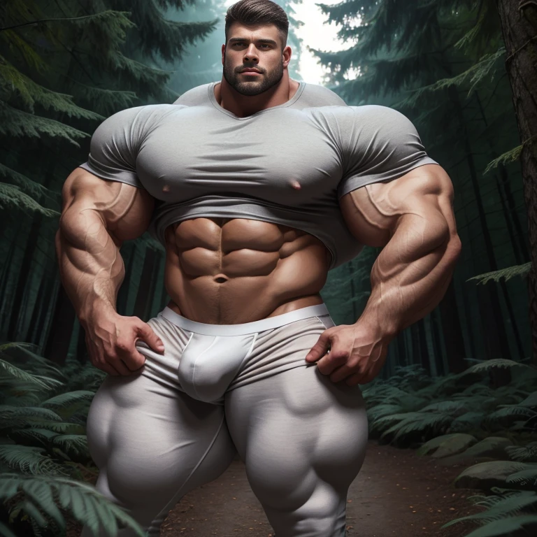 a very handsome young man, gray shirt, white underwear with massively large bulge, extremely handsome, very muscular, with very large muscles, defined and muscular body, hands in pockets, in a forest at night