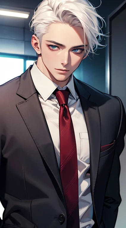 (Highest quality,4K,8K,High resolution,masterpiece:1.2),Super detailed,(Realistic,photoRealistic,photo-Realistic:1.37),1 person,31 years old,Mature Men,Beautiful skin、very handsome,Expressionless,smile,Short white hair,blue eyes,Sharp Eyes,A perfect face without a doubt,Businessman,Office Background,Cinema Lighting,HDR image,tie、