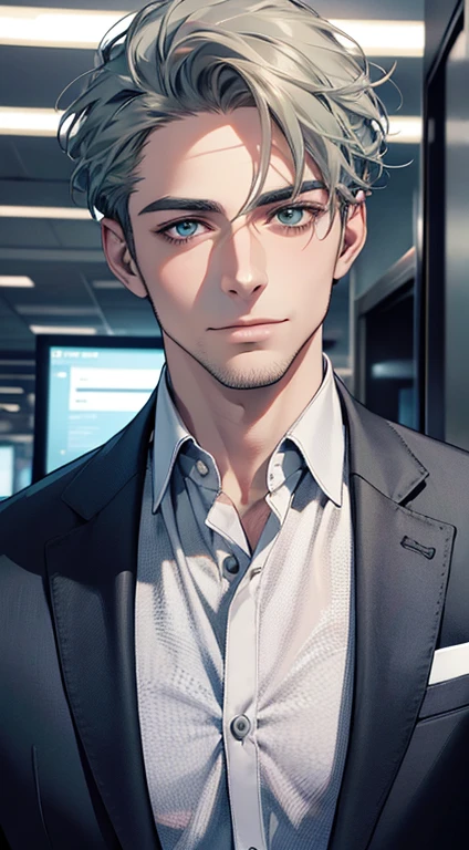 (best quality,4k,8k,highres,masterpiece:1.2),ultra-detailed,(realistic,photorealistic,photo-realistic:1.37),1 man,31 years old,mature man,very handsome,without expression,smile,short grey green hair,blue eyes,penetrating gaze,perfect face without errors,imposing posture,businessman,office background,cinematic lighting,hdr image
