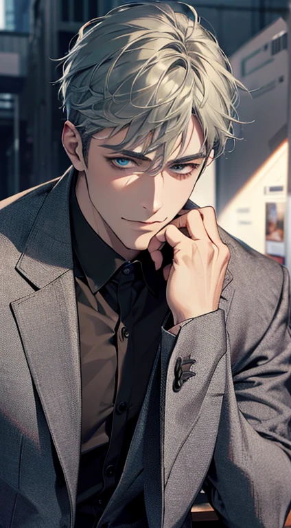 (best quality,4k,8k,highres,masterpiece:1.2),ultra-detailed,(realistic,photorealistic,photo-realistic:1.37),1 man,31 years old,mature man,very handsome,without expression,smile,short grey green hair,blue eyes,penetrating gaze,perfect face without errors,imposing posture,businessman,office background,cinematic lighting,hdr image