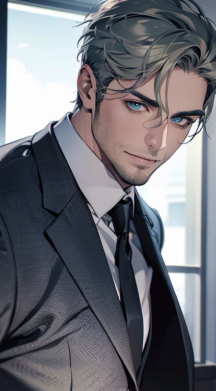 (best quality,4k,8k,highres,masterpiece:1.2),ultra-detailed,(realistic,photorealistic,photo-realistic:1.37),1 man,31 years old,mature man,very handsome,without expression,smile,short grey green hair,blue eyes,penetrating gaze,perfect face without errors,imposing posture,businessman,office background,cinematic lighting,hdr image