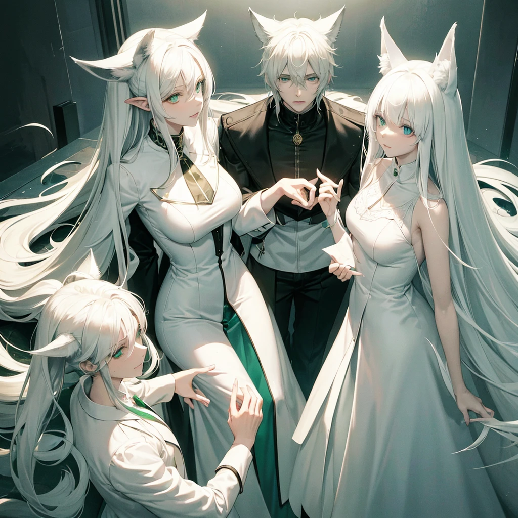 A psychologist with a white coat and wolf ears, beautiful, albino, tall, 28 years old, with his two twin sisters with emerald green eyes.