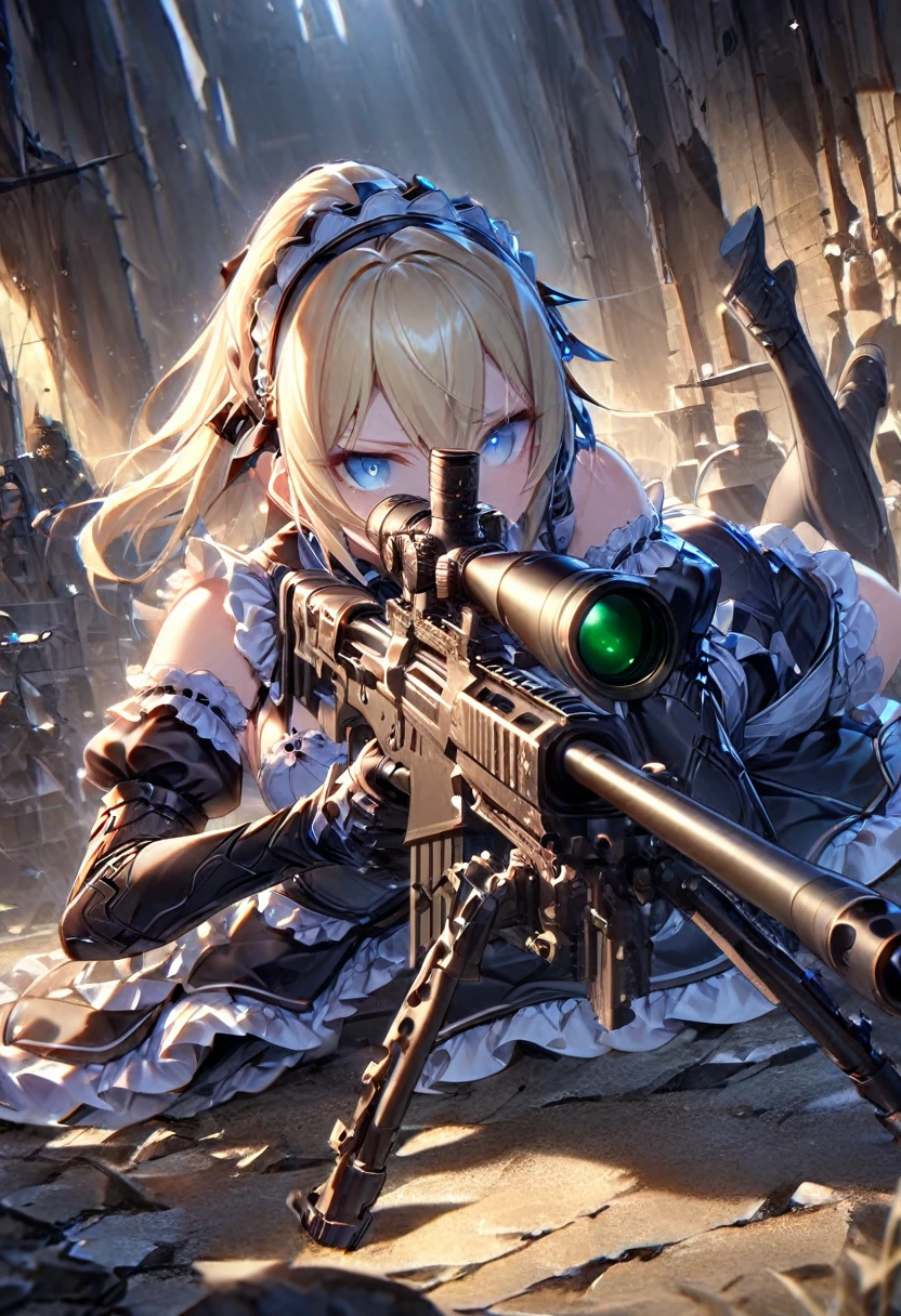 ((Highest quality:1.6)), ((Ultra-high resolution:1.6)), ((Masterpiece:1.6)), (Very detailed:1.6), (Perfect Face:1.6), (Detailed illustrations:1,4), (Perfect Eyes:1.6), (Detailed eyes:1.4)girl, cute, (Blonde, Small breasts, Black Dress, White apron, Blue ribbon, Apron dress, Classic maid outfit, Long:1.4), (Sniper from the top of the castle walls, sniper rifle:1,4), Castle Defense, (Looking through the scope, ready to shoot, Low posture, whole body, Side angle:, Use a low wall:1.4), (Barret M82), Sniper Rifle,