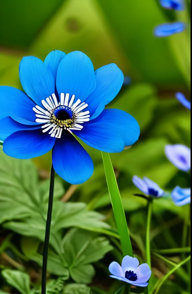 there are three blue flowers that are growing in the grass, a portrait by Hans Schwarz, flickr, fine art, anemones, indigo blooming flowers garden, blue flowers, anemone, vibrant but dreary blue, brilliant royal blue, vibrant blue, blue flowers bloomed all over, blues. beautiful, rich blue colors, blue and violet, blue and purple