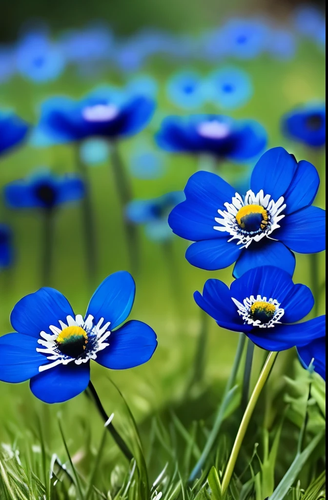 there are three blue flowers that are growing in the grass, a portrait by Hans Schwarz, flickr, fine art, anemones, indigo blooming flowers garden, blue flowers, anemone, vibrant but dreary blue, brilliant royal blue, vibrant blue, blue flowers bloomed all over, blues. beautiful, rich blue colors, blue and violet, blue and purple