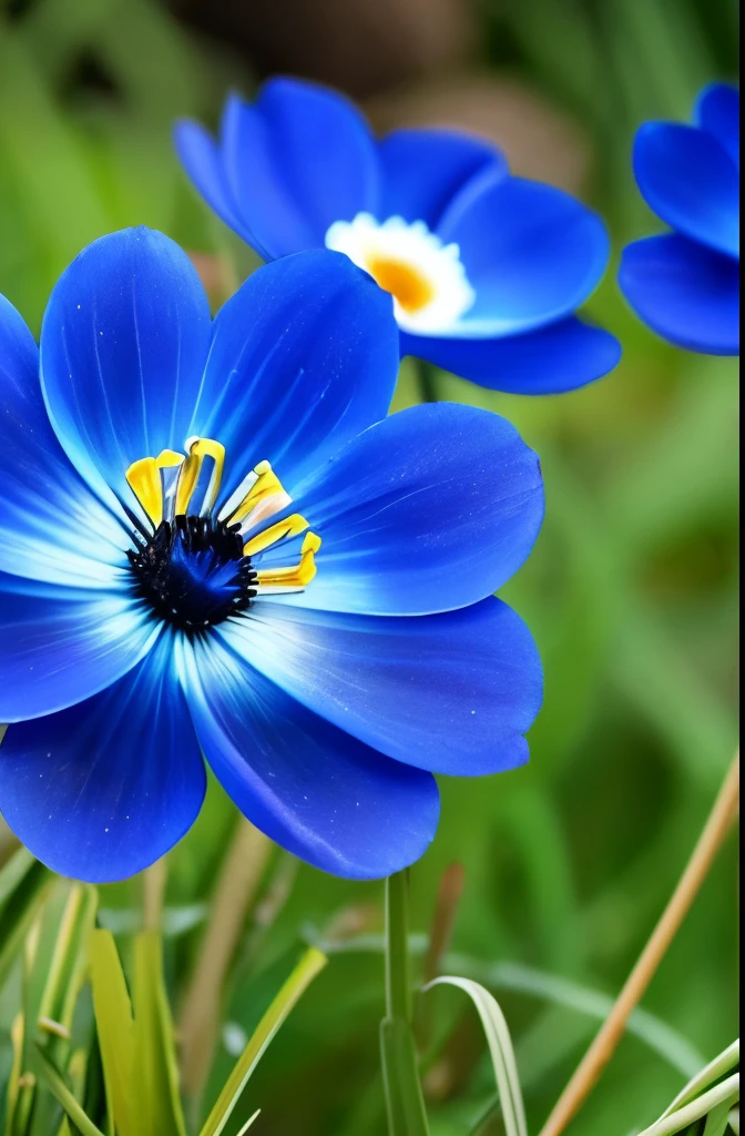 there are three blue flowers that are growing in the grass, a portrait by Hans Schwarz, flickr, fine art, anemones, indigo blooming flowers garden, blue flowers, anemone, vibrant but dreary blue, brilliant royal blue, vibrant blue, blue flowers bloomed all over, blues. beautiful, rich blue colors, blue and violet, blue and purple