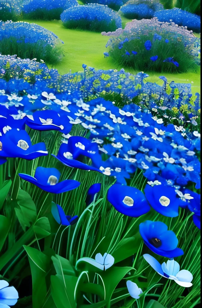 there are three blue flowers that are growing in the grass, a portrait by Hans Schwarz, flickr, fine art, anemones, indigo blooming flowers garden, blue flowers, anemone, vibrant but dreary blue, brilliant royal blue, vibrant blue, blue flowers bloomed all over, blues. beautiful, rich blue colors, blue and violet, blue and purple