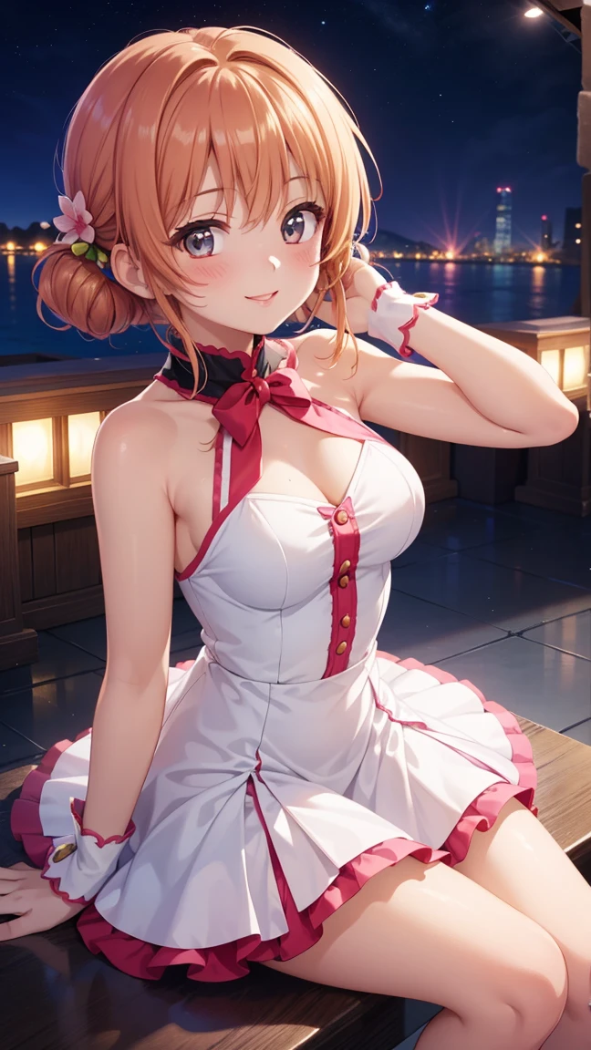 masterpiece, best quality, highres, 1girl, detailed face, blush, anime CG style, (medium breasts), (18 year old girl:1.3), (aged up), good lighting, perfect body, sakura kinomoto, glossy lips, looking at viewer, idol dress, smile, stage, sitting