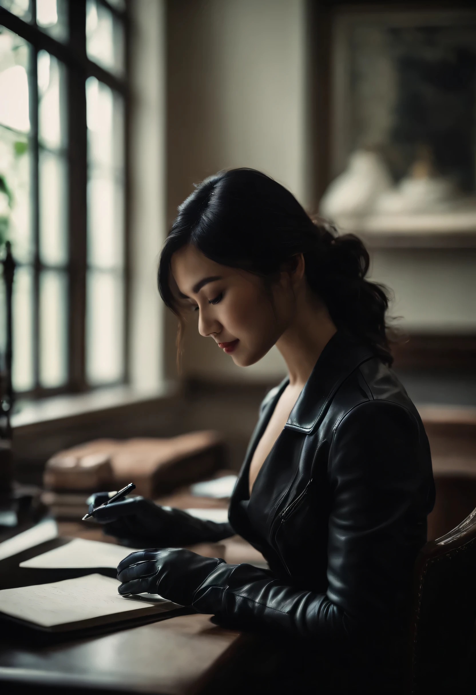 Wearing black leather gloves on both hands, trunk, black leather jacket for knight, facing the table in the office, looking down and smiling, writing a letter using a fountain pen, long straight black hair, Japanese young woman (Black leather gloves cover both hands)