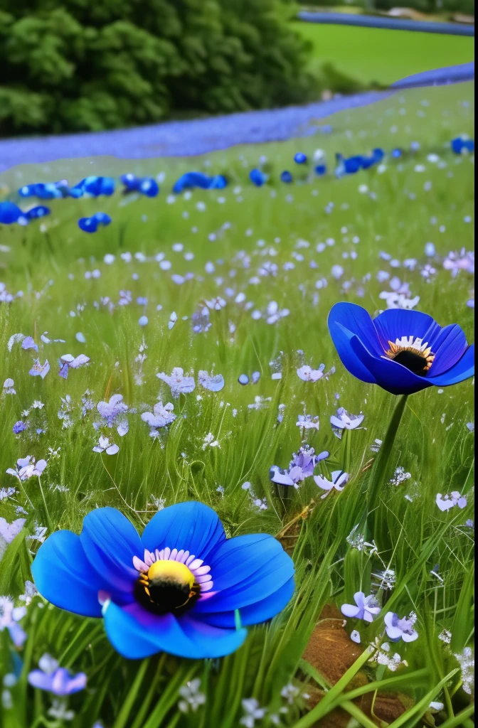 there are three blue flowers that are growing in the grass, a portrait by Hans Schwarz, flickr, fine art, anemones, indigo blooming flowers garden, blue flowers, anemone, vibrant but dreary blue, brilliant royal blue, vibrant blue, blue flowers bloomed all over, blues. beautiful, rich blue colors, blue and violet, blue and purple