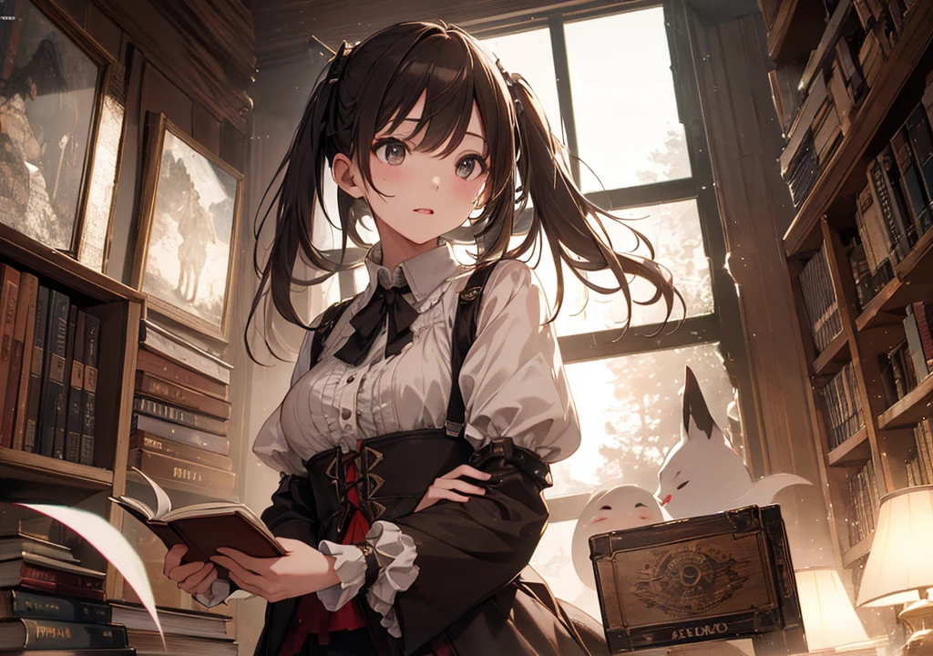 Realistic photos, Focus distance 10mm, Red and white, Beautiful girl, Realistic photos, Shooting at focus distance 10mm, masterpiece, 最high quality, high quality, Very detailed CG 8k wallpaper unit, Award-winning photography, Depth of written boundary, High resolution, bloom, chromatic aberration, Realistic, Very detailed, Art Station Trends, CGsociety Trends, Complex, High detail, dramatic, Art on the go, volumetric lighting, A beautiful girl reading an old book in an ancient library on Halloween night. Ghosts float behind her, spooky, resident evil