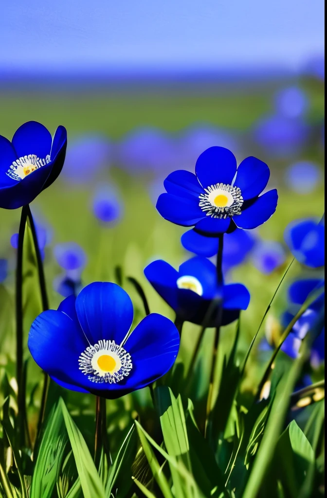 there are three blue flowers that are growing in the grass, a portrait by Hans Schwarz, flickr, fine art, anemones, indigo blooming flowers garden, blue flowers, anemone, vibrant but dreary blue, brilliant royal blue, vibrant blue, blue flowers bloomed all over, blues. beautiful, rich blue colors, blue and violet, blue and purple