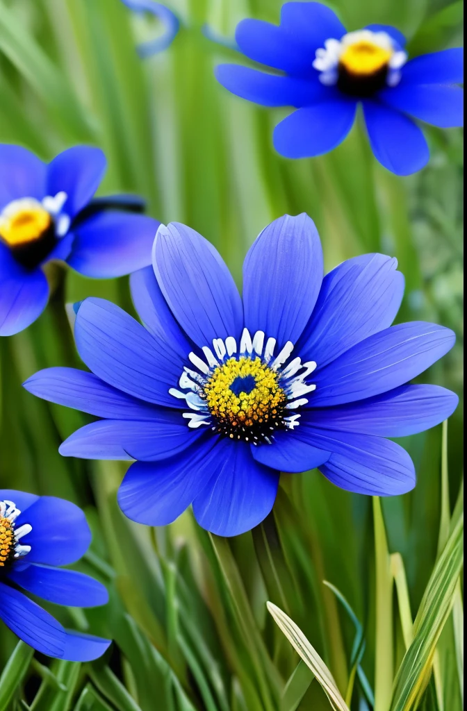 there are three blue flowers that are growing in the grass, a portrait by Hans Schwarz, flickr, fine art, anemones, indigo blooming flowers garden, blue flowers, anemone, vibrant but dreary blue, brilliant royal blue, vibrant blue, blue flowers bloomed all over, blues. beautiful, rich blue colors, blue and violet, blue and purple