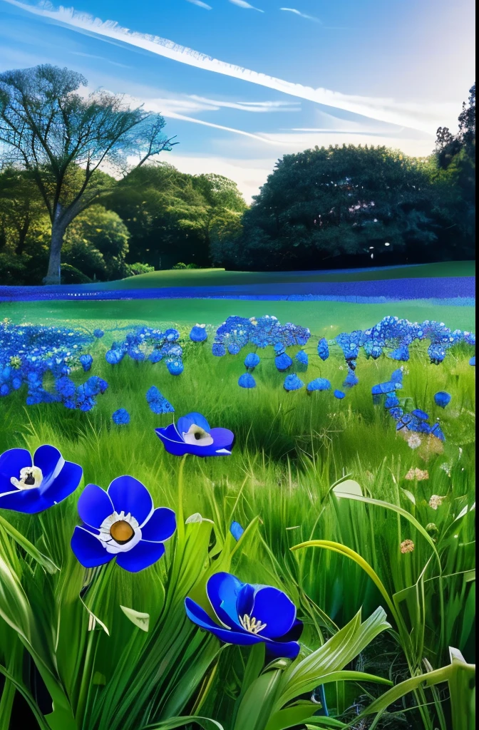 there are three blue flowers that are growing in the grass, a portrait by Hans Schwarz, flickr, fine art, anemones, indigo blooming flowers garden, blue flowers, anemone, vibrant but dreary blue, brilliant royal blue, vibrant blue, blue flowers bloomed all over, blues. beautiful, rich blue colors, blue and violet, blue and purple