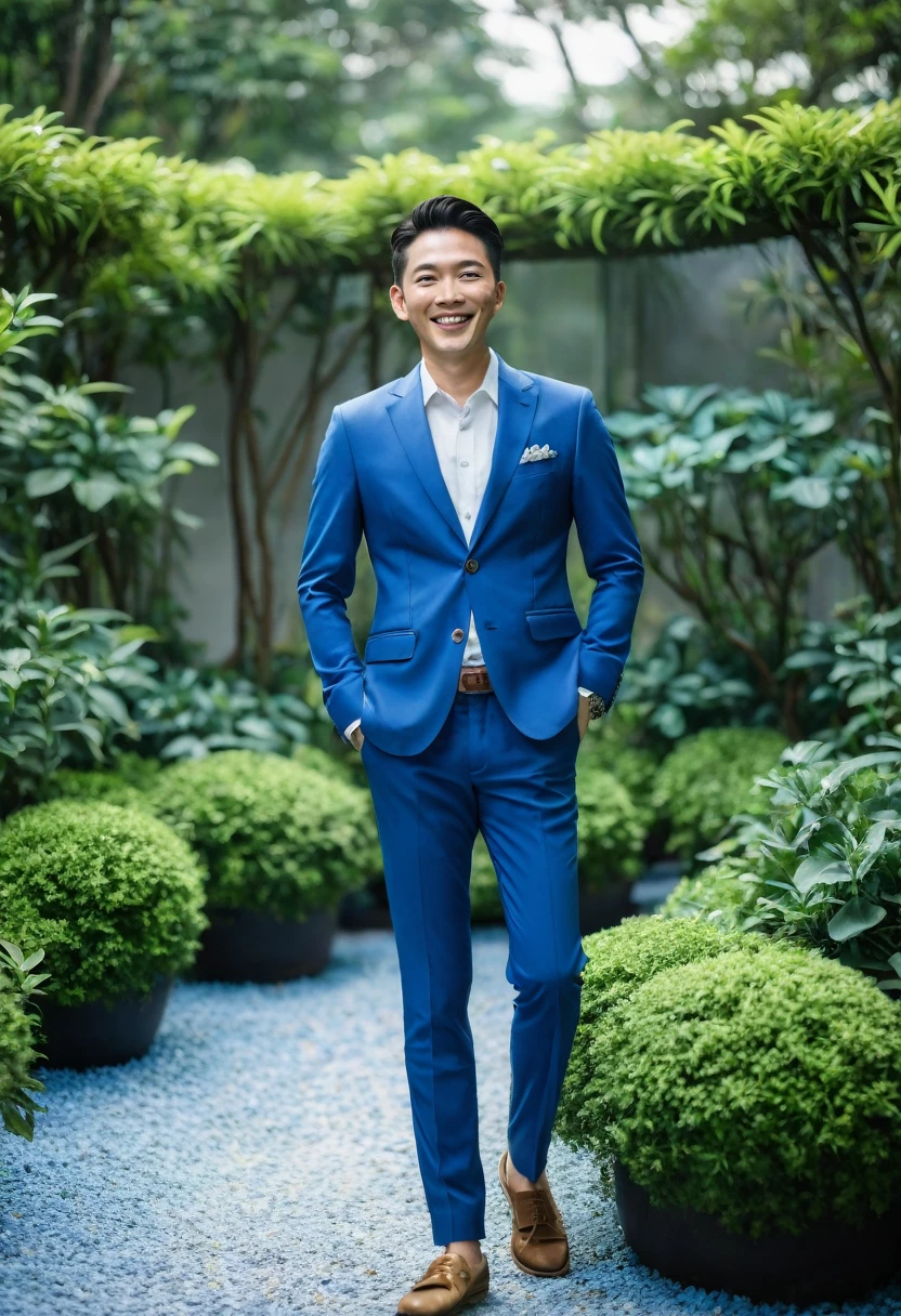 a picture of average asian man happy in the blue garden wearing casual blue suit, the picture taken are far aestethic shot so we can see his full body