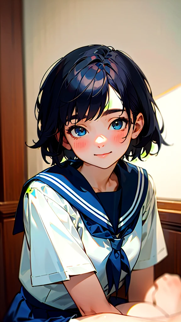 1 Girl、solo、gentle and calm expression、Women's Sailor Uniform、Blue Skirt、Sitting、Upper body close-up、smile、indoor, (Highest quality, masterpiece, Hyperrealism)、Boyish short hair, Black Hair