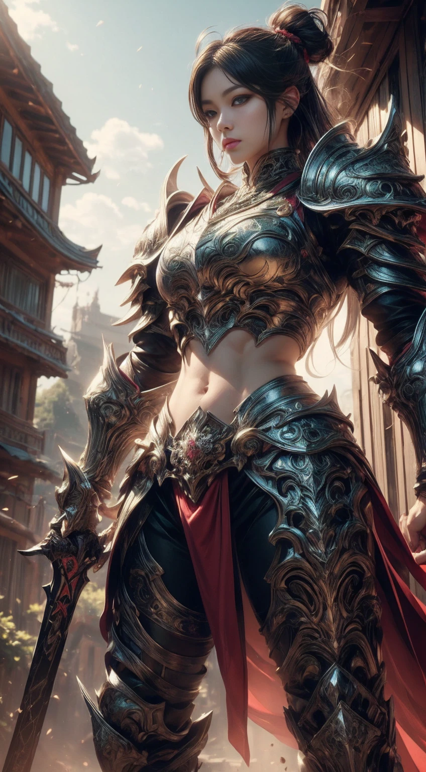 (best quality, 8k, 32K, illustration, ultra high definition: 1.2), professional photos, realistic photo, fancy, Multiple angles, photo taken up close, beauty warrior,sexy, (Goddess of Beauty), 1 girl,
((huge screen: 1.2, Long, natural breasts with prominent cleavage, Armor)), ,
muscular abdomen, beautiful breasts, fascinating beauty, Your blue eyes shine with determination.,
While her golden hair falls in soft waves over her shoulders. ((Vestida con Armor finamente elaboradas, with golden and sexy details, Armor
그녀는 변태적인 관능미를 고양한다, Armor
섬세한 라인과 복잡한 디테일이 당신의 존재감을 더욱 매혹적으로 만들어줍니다... A flowing cloak that dances with the wind.., Armor
se ajusta para resaltar su feminidad y abdomen tonificado. (surreal), (illustration), (high resolution), (8k), (very detailed), (best illustration), (Beautiful and detailed visual quality), (very detailed), (master part),
(realistic) , (natural light), (lighting border), (detailed face), (사실적이고 very detailed 피부 질감.), (anatomically correct), (alone), (1 girl), (very detailed realistic 머리카락), Black fur, colors :1.2,,
(exotic eyes), (detailed green eyes), (small dots weep in the eyes), (se nos grandes e realistas:1.5), (seNos expuestos:1.long legs), (skinny abs), (dynamic pose) , building outdoor scenery