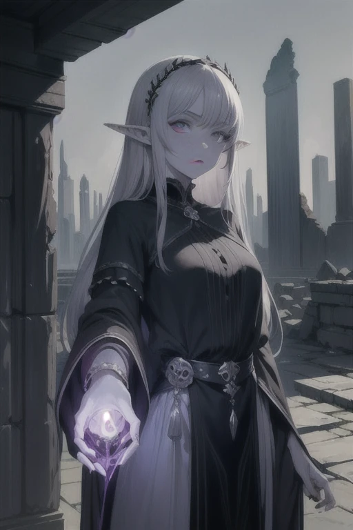 Pale skin, Payment Month, ancient elf, strange, cursed maiden, celestial armor, beautiful girl, long icy hair, bright violet eyes, gray skin, Palace Ruins,