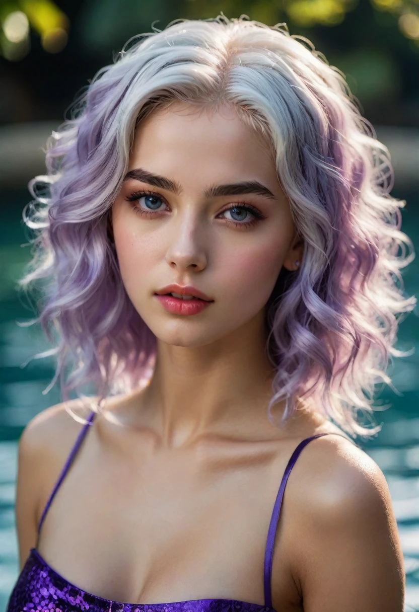 girl, 20 years old, (((French ethnicity))), waterwave hairstyle, femme fatale, photorealism, highly detailed, ultra quality, cinematic lighting, realistic skin texture, (((white hair))) (feminine), ((alluring facial expression)), ((exquisitely detailed facial features)), ((perfect eyes)), 8k wallpaper, nikon, trending on Artstation, trending on CGSociety, (sensual), ((full lips)), (((slim waist))), (((wide hips))), (((purple eyes)))