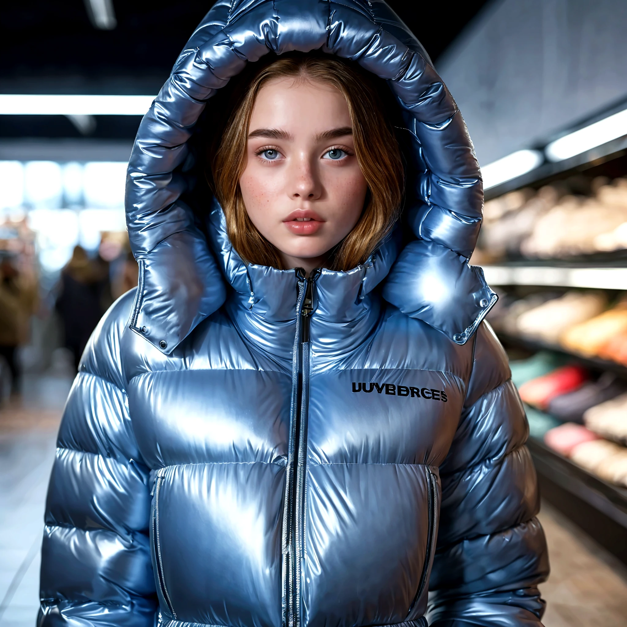 a slim ponytail 16 year old girl,beautiful detailed eyes,beautiful freckles,beautiful detailed lips,extremely detailed eyes and face,longeyelashes,in beautiful detailed hooded formfitting duvetica overfilled super gleamy thick glossy opened puffer jacket covering zipped puffer vest,latex leggings,symmetrical,standing in a pufferstore,masterpiece,cinematic,lifelike,hyperrealistic,8k,photorealistic,highly detailed,intricate,exquisite,elegant,beautiful,stunning, full size photo