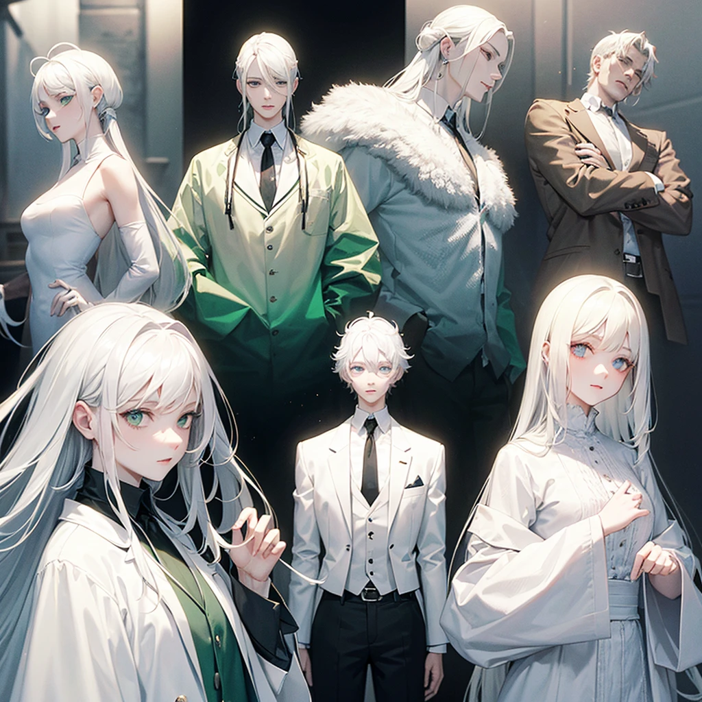 A psychologist with a white coat and wolf ears, beautiful, albino, tall, 28 years old, with his two twin sisters with emerald green eyes.