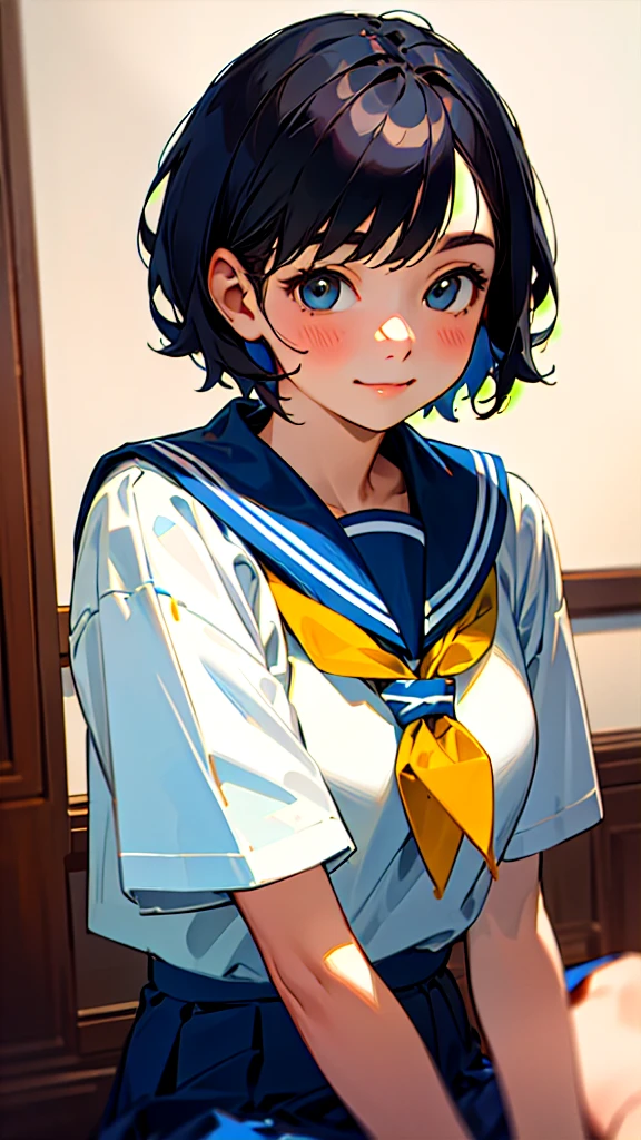 1 Girl、solo、gentle and calm expression、Women's Sailor Uniform、Blue Skirt、Sitting、Upper body close-up、smile、indoor, (Highest quality, masterpiece, Hyperrealism)、Boyish short hair, Black Hair
