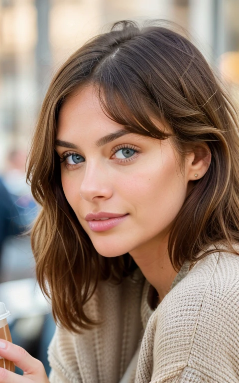 Beautiful brunette with blonde highlights wearing a beige sweater (Drinking soda at a cafe), Very detailed, 22 years old, Innocent face, Naturally Wavy Hair, blue eyes, High resolution, masterpiece, Highest quality, Exquisite and detailed, Very detailedな, Sharp focus, Detailed skin, realistic skin texture, texture, Fine grain, Professional, 4K, Cute Smile, Shot with Canon, 85mm, Shallow depth of field, Kodak Vision Color, perfect fit body, Very detailedな, photo shootr_\(Ultra\), Photorealistic, Real Stick, After treatment, Maximum details, Roughness, Real Life, Ultra realist, Photorealism, photo shoot, 8K UltraHD, photo shoot