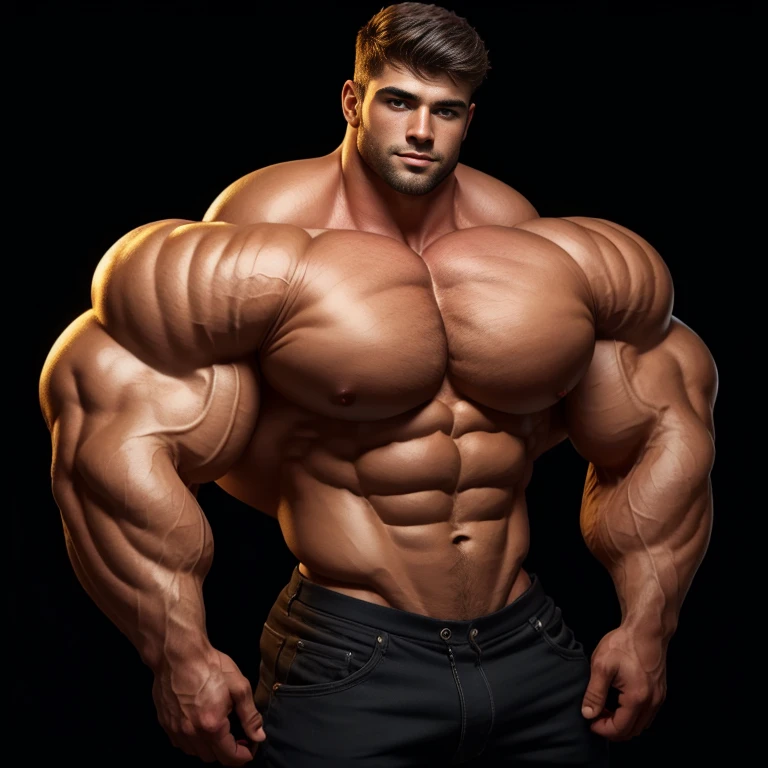 a very handsome young man, shirtless, extremely handsome, very muscular, with very large muscles, defined and muscular body, massively large chest, on a black background