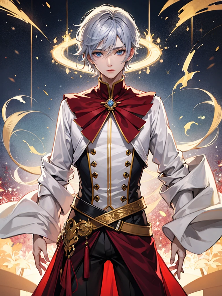 ((Highest quality)), ((masterpiece)), (detailed)、One Man、Beautiful Youth、(The man has silver hair and blue eyes)、Men are handsome、Perfect body