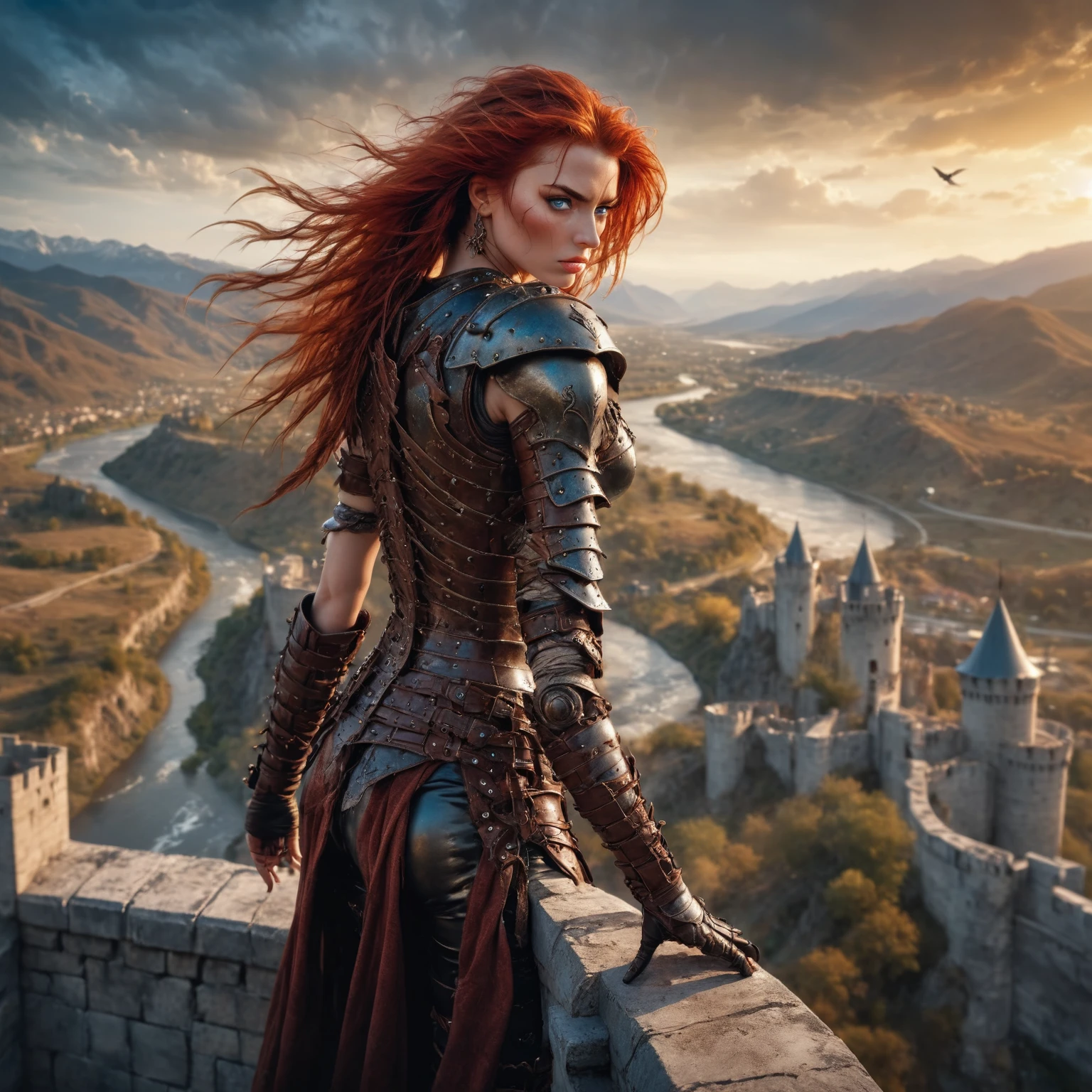 birds eye view of a beautiful warrior woman standing high above on a castle parapet, with a view of the surrounding area, wearing leather armor, red hair blowing in the wind, blue eyes, rivers and mountains, golden hour, art by Luis Royo . shallow depth of field, vignette, highly detailed, high budget, bokeh, cinemascope, moody, epic, gorgeous