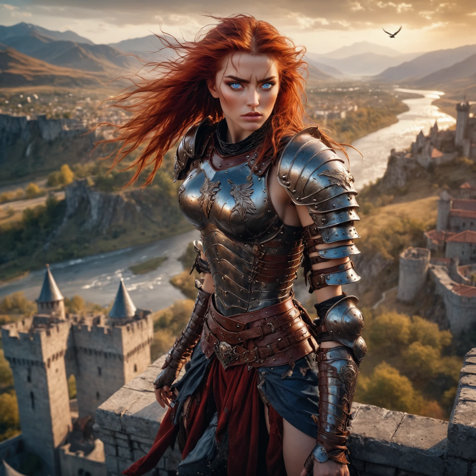 birds eye view of a beautiful warrior woman standing high above on a castle parapet, with a view of the surrounding area, wearing leather armor, red hair blowing in the wind, blue eyes, rivers and mountains, golden hour,  art by Luis Royo . shallow depth of field, vignette, highly detailed, high budget, bokeh, cinemascope, moody, epic, gorgeous
 