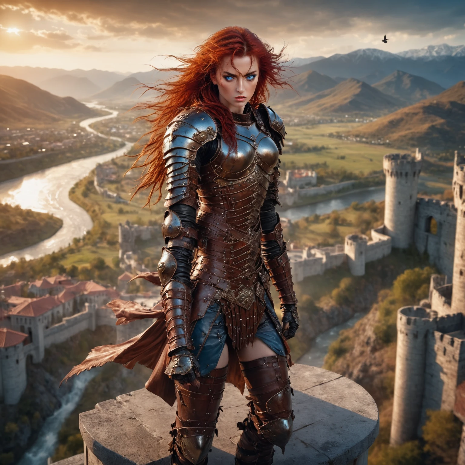 birds eye view of a beautiful warrior woman standing high above on a castle parapet, with a view of the surrounding area, wearing leather armor, red hair blowing in the wind, blue eyes, rivers and mountains, golden hour,  art by Luis Royo . shallow depth of field, vignette, highly detailed, high budget, bokeh, cinemascope, moody, epic, gorgeous
 