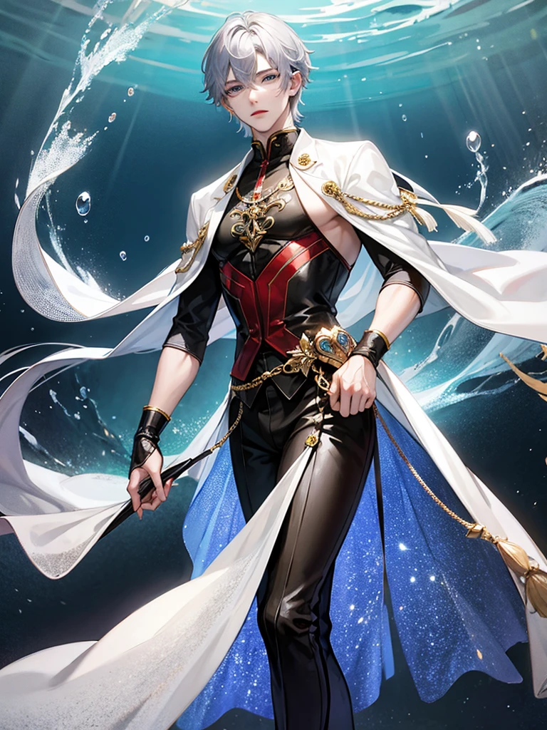 ((Highest quality)), ((masterpiece)), (detailed)、One Man、Beautiful Youth、(The man has silver hair and blue eyes)、Men are handsome、Perfect body、20-year-old male