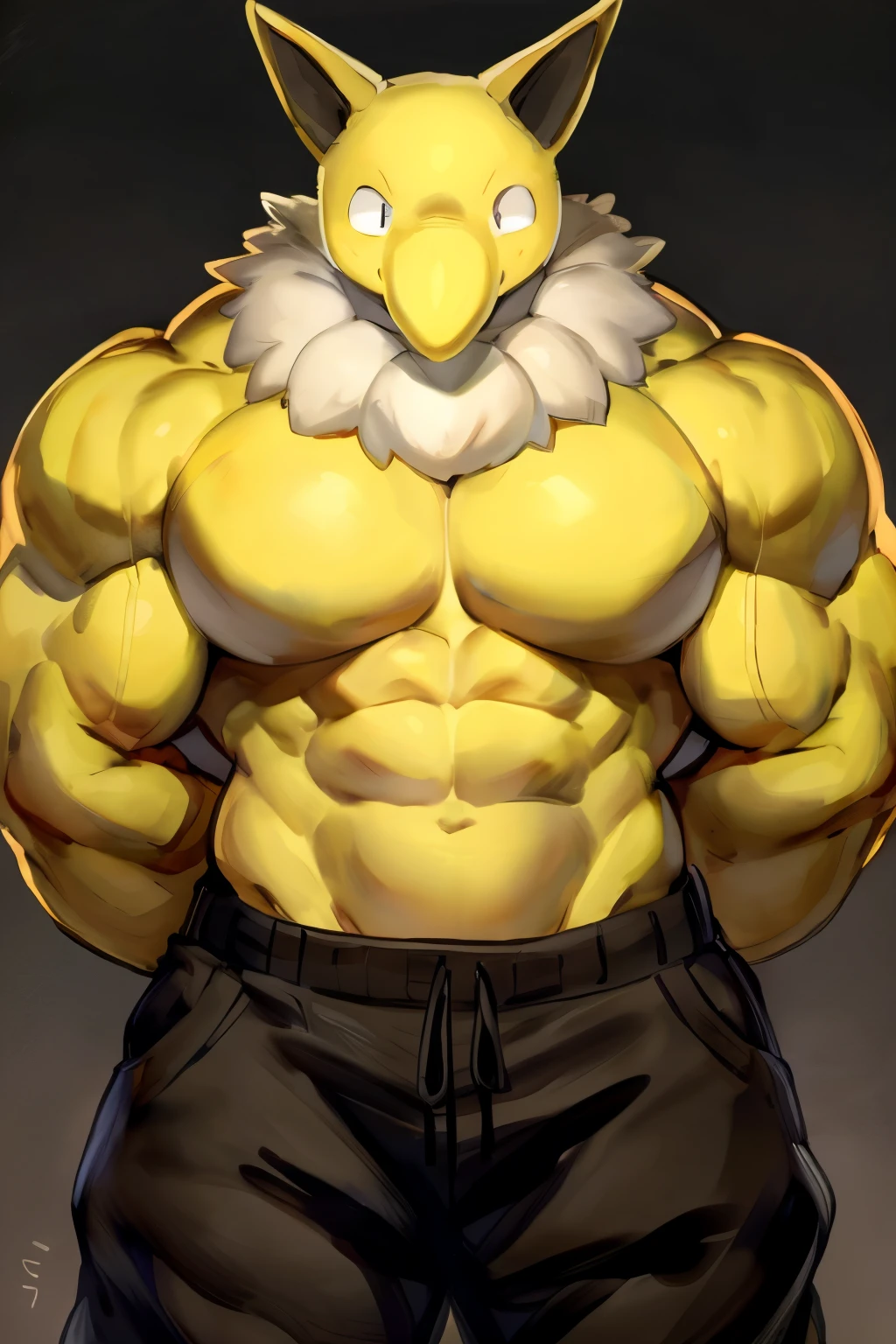 Furry, Anthro, solo, Hypno, Male, (((muscular body, massive thighs, massive male pectorals, fluffy neck, yellow skin, wearing black tanktop, wearing black sweatpants, hands behind back))), ((((massive biceps)))), ((((((massive bulky torso, wide-eyed, head tilted, facing viewer)))))), black/yellow spraypainted background, by buta99, by zackary911, by bebebebebe, (((digital painting)))