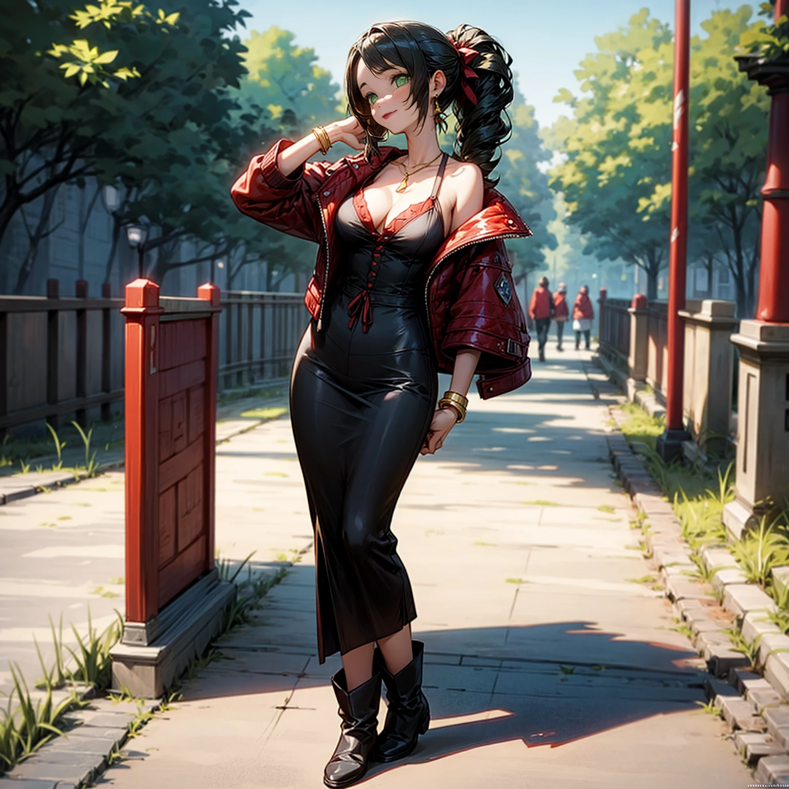solo, girl, green eyes, long haircut, black hair, bare shoulder clothing, casual outfit, furry jacket, boots, diamond earrings, red lipstick, gold bracelet, outdoor, medieval, park town, morning day, full body version, full shot camera, (detailed background, detailed hair, detailed clothing), (Bleach style art), big breasts, sad eyes, smile mouth, standing gesture